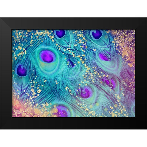 Aqua Rainbow Peacock Feathers Black Modern Wood Framed Art Print by Lavoie, Tina