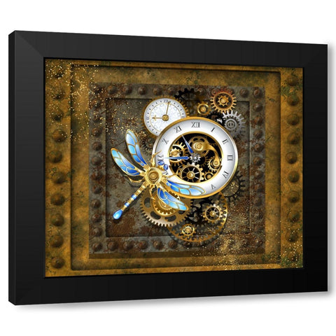 Steampunk Dragonfly Clock Black Modern Wood Framed Art Print with Double Matting by Mitchell, Tina