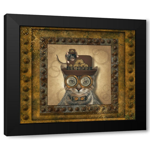 Steampunk Cat and Mouse Black Modern Wood Framed Art Print by Mitchell, Tina