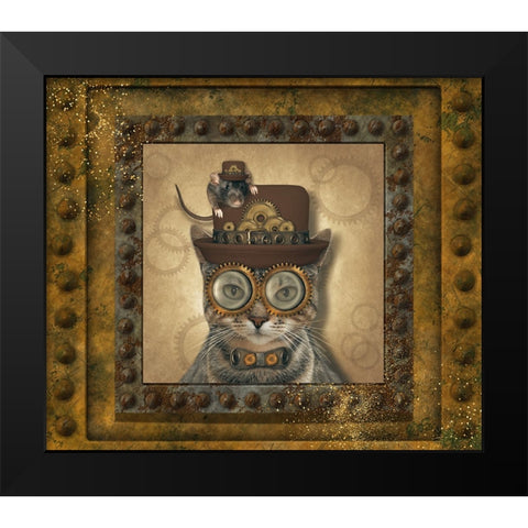 Steampunk Cat and Mouse Black Modern Wood Framed Art Print by Mitchell, Tina