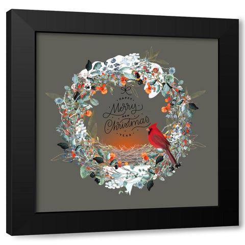 Merry Christmas Happy New Year Wreath Black Modern Wood Framed Art Print by Mitchell, Tina