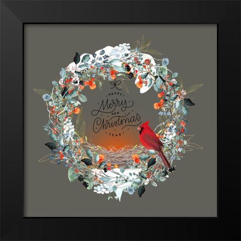 Merry Christmas Happy New Year Wreath Black Modern Wood Framed Art Print by Mitchell, Tina