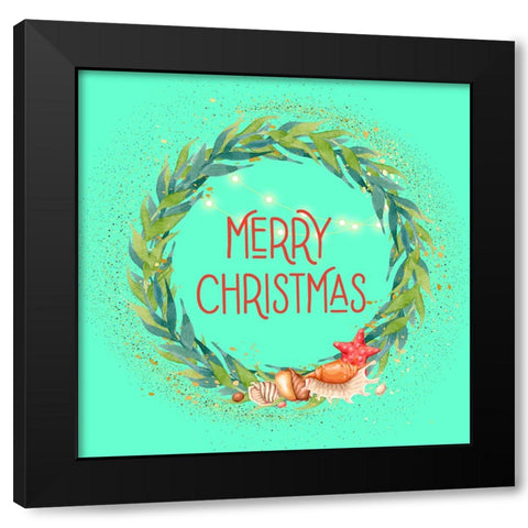Merry Christmas Seaweed Wreath Black Modern Wood Framed Art Print by Mitchell, Tina