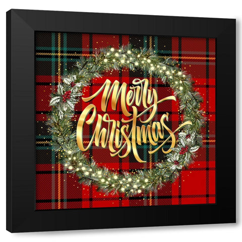 Merry Christmas Golden Wreath Black Modern Wood Framed Art Print by Mitchell, Tina