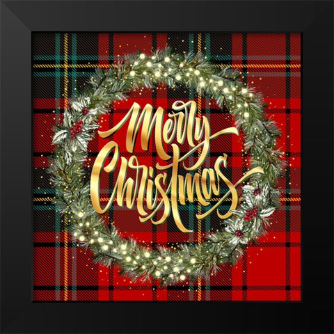 Merry Christmas Golden Wreath Black Modern Wood Framed Art Print by Mitchell, Tina