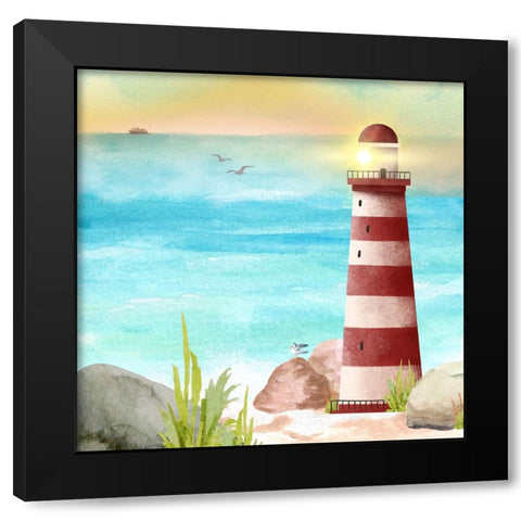 Lighthouse Red Stripe Black Modern Wood Framed Art Print by Mitchell, Tina