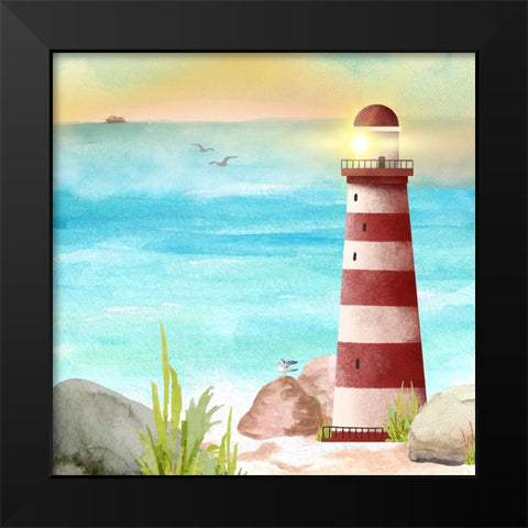 Lighthouse Red Stripe Black Modern Wood Framed Art Print by Mitchell, Tina