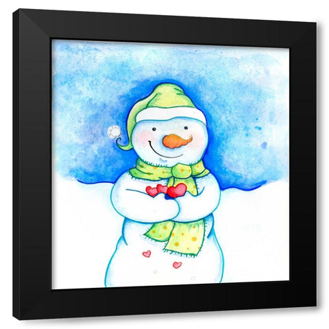 Snowman Holding Hearts Black Modern Wood Framed Art Print by Wade, Valarie