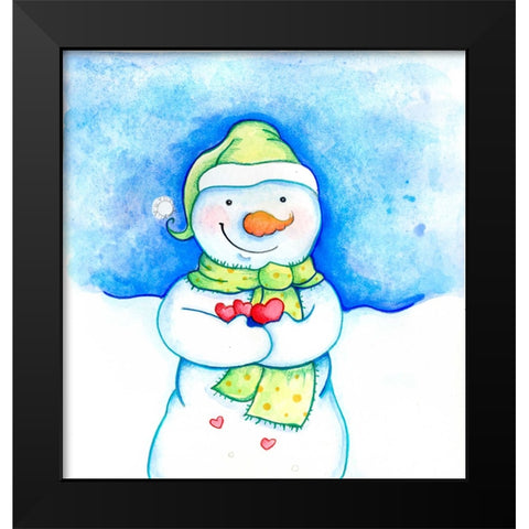 Snowman Holding Hearts Black Modern Wood Framed Art Print by Wade, Valarie