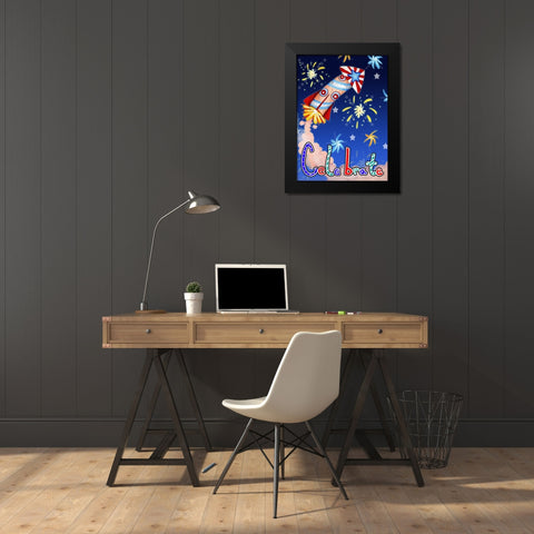 Rocket Celebration Black Modern Wood Framed Art Print by Wade, Valarie