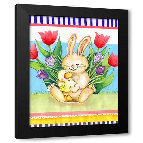 Bunny Hugs Black Modern Wood Framed Art Print by Wade, Valarie
