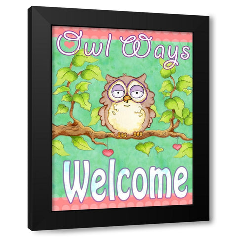 Owls Ways Welcome Black Modern Wood Framed Art Print with Double Matting by Wade, Valarie