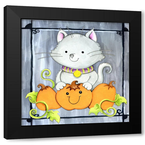 Pumpkins and Kitty 1 Black Modern Wood Framed Art Print by Wade, Valarie
