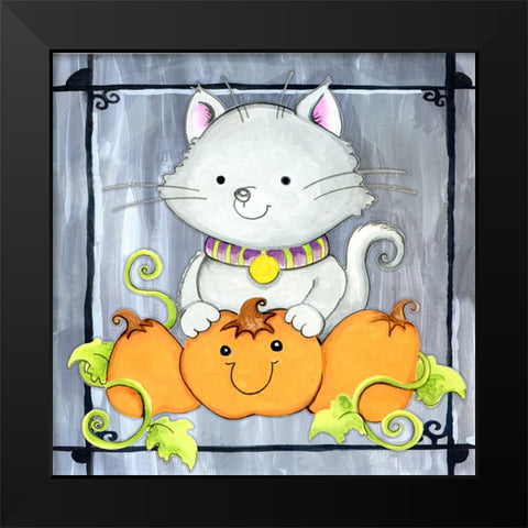 Pumpkins and Kitty 1 Black Modern Wood Framed Art Print by Wade, Valarie