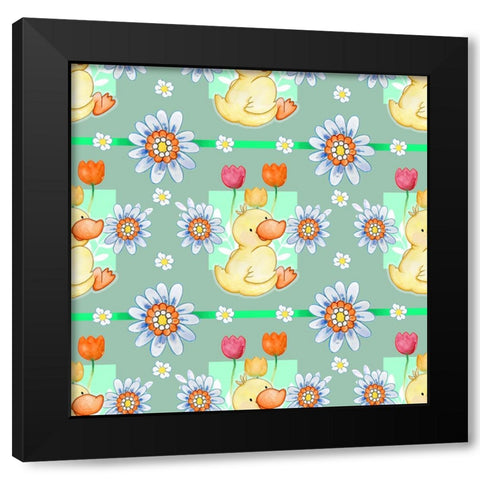Duckie And Blue Flower Black Modern Wood Framed Art Print by Wade, Valarie