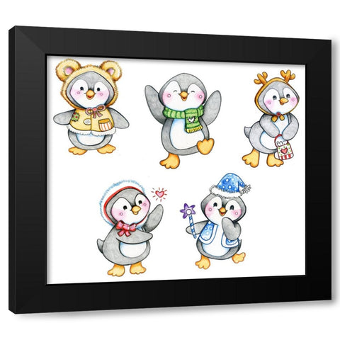 Peguin Friends Black Modern Wood Framed Art Print by Wade, Valarie