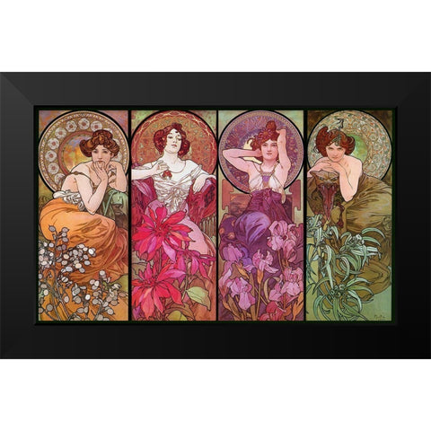 Mucha Topaz Ruby Amethyst Emeraude Black Modern Wood Framed Art Print by Vintage Apple Collection