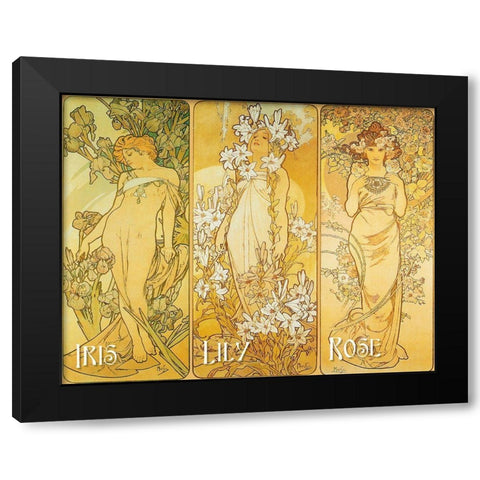 Mucha Iris Lily Rose Black Modern Wood Framed Art Print with Double Matting by Vintage Apple Collection