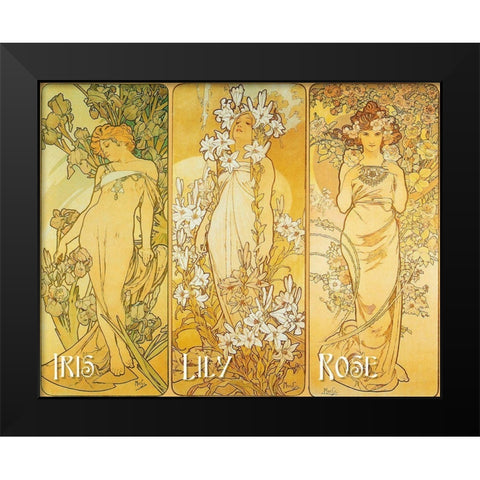 Mucha Iris Lily Rose Black Modern Wood Framed Art Print by Vintage Apple Collection