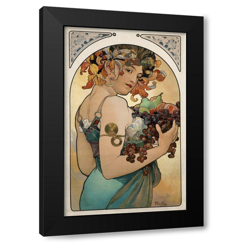 Mucha Fruit Panel Black Modern Wood Framed Art Print with Double Matting by Vintage Apple Collection