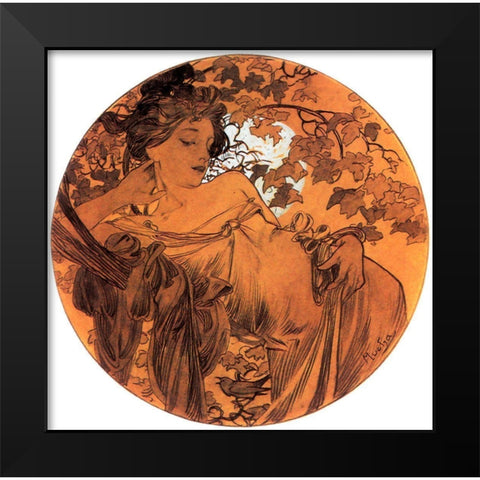 Mucha Autumn Medallion Black Modern Wood Framed Art Print by Vintage Apple Collection
