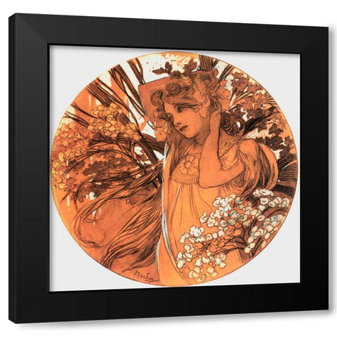 Mucha Spring Medallion Black Modern Wood Framed Art Print with Double Matting by Vintage Apple Collection