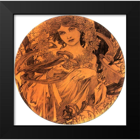 Mucha Summer Medallion Black Modern Wood Framed Art Print by Vintage Apple Collection