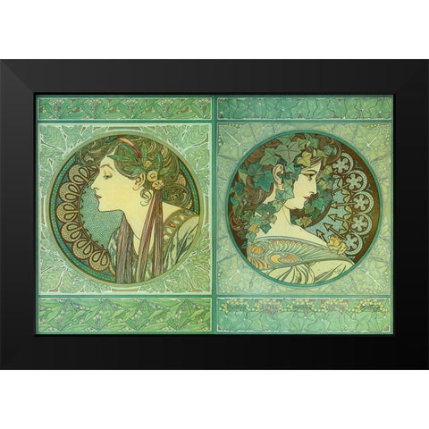 Mucha Green Medallions Black Modern Wood Framed Art Print by Vintage Apple Collection
