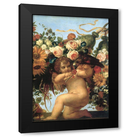 Cherub And Parrot Black Modern Wood Framed Art Print by Vintage Apple Collection