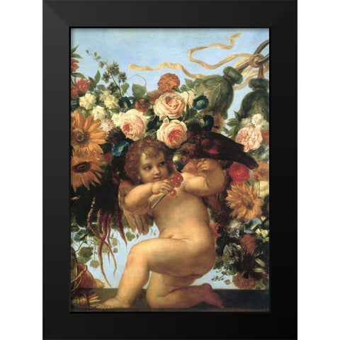 Cherub And Parrot Black Modern Wood Framed Art Print by Vintage Apple Collection