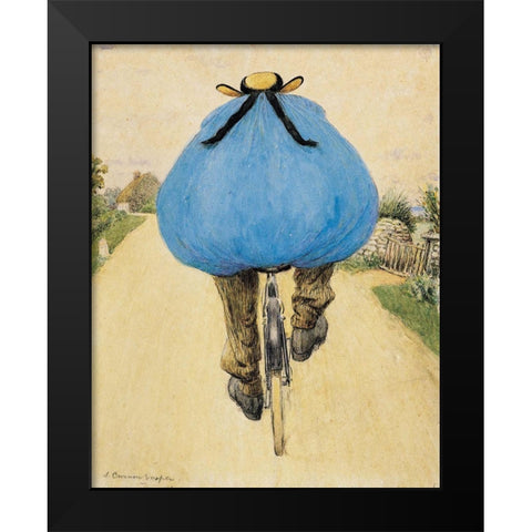 Blue Bicycle Rider Black Modern Wood Framed Art Print by Vintage Apple Collection