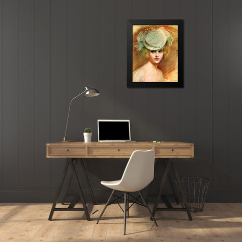 Lady In Green Hat Black Modern Wood Framed Art Print by Vintage Apple Collection