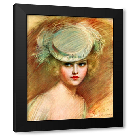 Lady In Green Hat Black Modern Wood Framed Art Print by Vintage Apple Collection