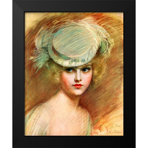 Lady In Green Hat Black Modern Wood Framed Art Print by Vintage Apple Collection