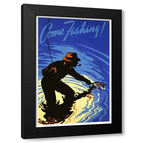 Come Fishing Black Modern Wood Framed Art Print by Vintage Apple Collection