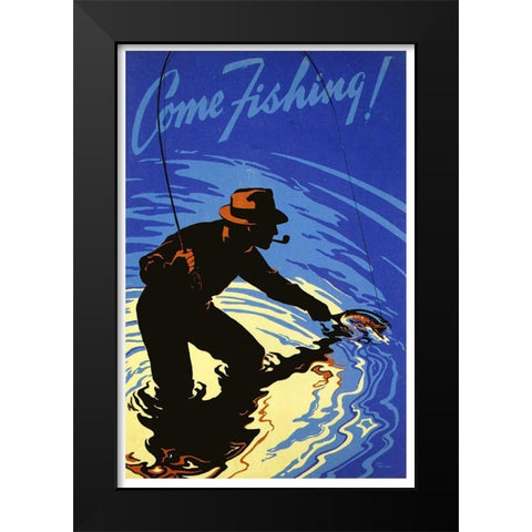 Come Fishing Black Modern Wood Framed Art Print by Vintage Apple Collection