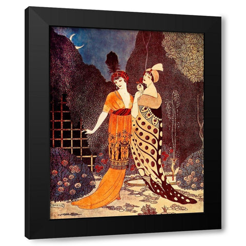 Barbier Two Ladies Under the Crescent Moon Black Modern Wood Framed Art Print by Vintage Apple Collection