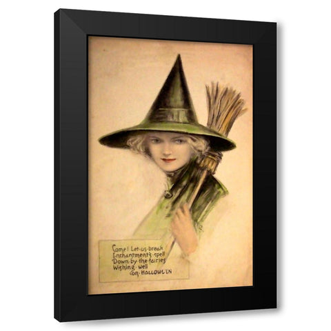 Halloween Beautiful Green Witch.tif Black Modern Wood Framed Art Print by Vintage Apple Collection
