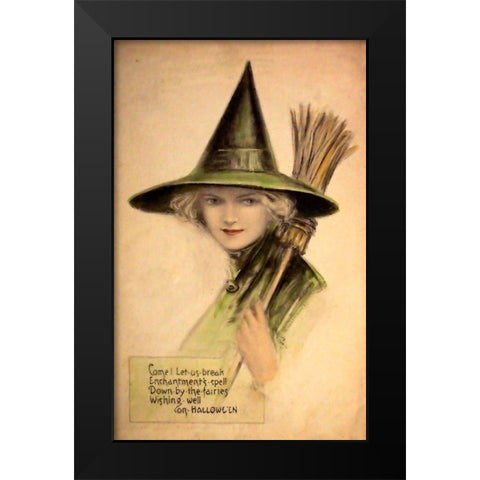 Halloween Beautiful Green Witch.tif Black Modern Wood Framed Art Print by Vintage Apple Collection