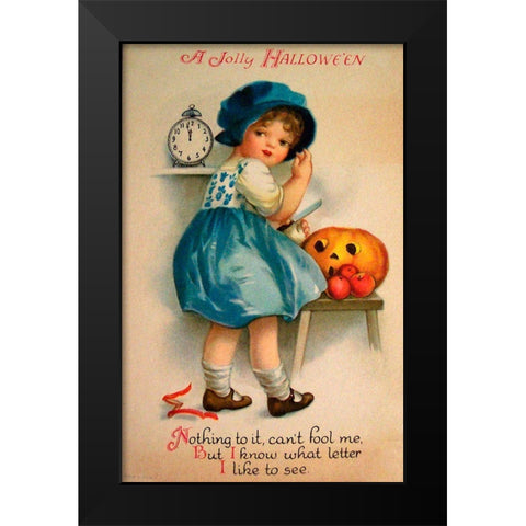 Halloween Blue Girl Clock.tif Black Modern Wood Framed Art Print by Vintage Apple Collection