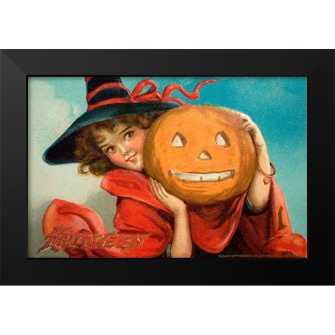 Halloween Girl Blue Sky Pumpkin.tif Black Modern Wood Framed Art Print by Vintage Apple Collection