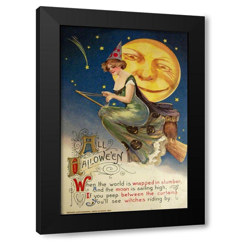 Halloween Witch Greendress Moon.tif Black Modern Wood Framed Art Print by Vintage Apple Collection
