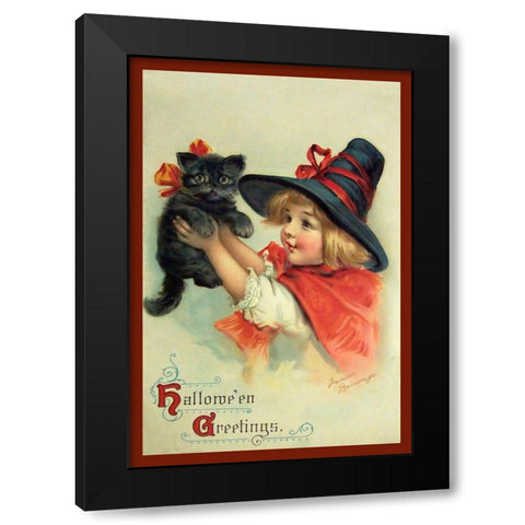 Little Witch And Halloween Kitty.tif Black Modern Wood Framed Art Print by Vintage Apple Collection