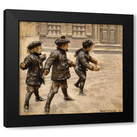 Boys Snowballs Black Modern Wood Framed Art Print by Vintage Apple Collection