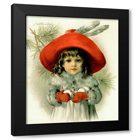 Xmas Girl With Snowballs Black Modern Wood Framed Art Print by Vintage Apple Collection