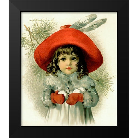 Xmas Girl With Snowballs Black Modern Wood Framed Art Print by Vintage Apple Collection