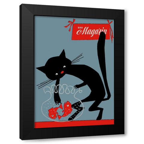 Black Cat And Fish Bowl Black Modern Wood Framed Art Print with Double Matting by Vintage Apple Collection