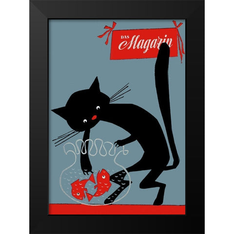 Black Cat And Fish Bowl Black Modern Wood Framed Art Print by Vintage Apple Collection