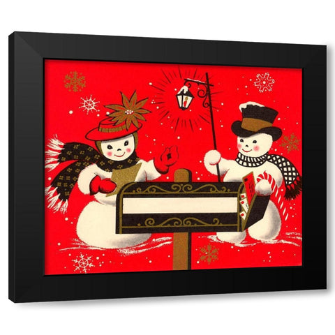 Vintage Christmas Snowmen Black Modern Wood Framed Art Print with Double Matting by Vintage Apple Collection