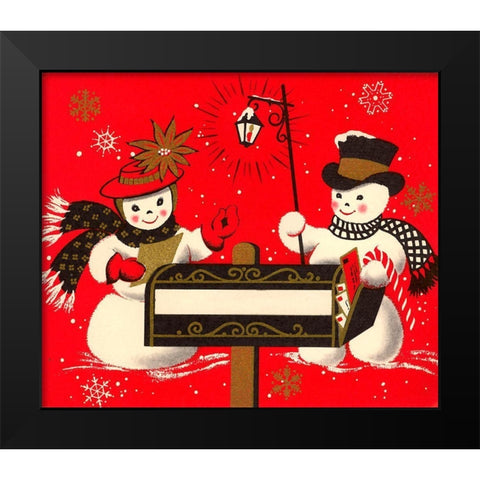 Vintage Christmas Snowmen Black Modern Wood Framed Art Print by Vintage Apple Collection
